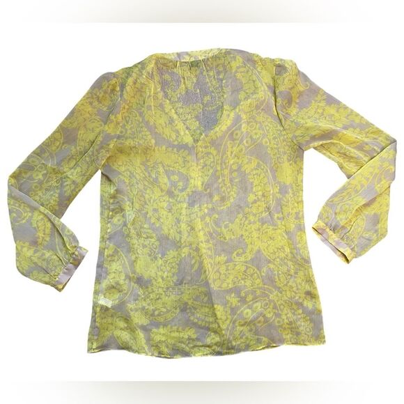 Banana Republic Tan and Yellow Floral Paisley Sheer V-Neck Blouse - Picture 2 of 8
